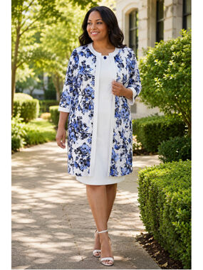 Maya Brooke 2 Piece Floral Lace Jacket and Dress Set, Ivory Cobalt Blue 16W NWT